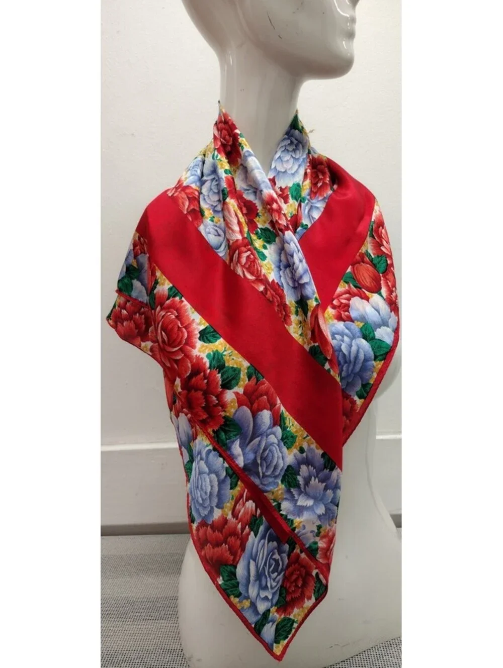 Vintage 100% Pure Silk Scarf Roses Periwinkle Red Tulips Florals Chinese Silk